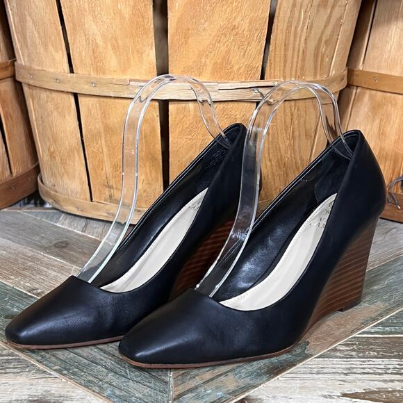 Vince Camuto Dileta Black Leather Square Point Toe Stacked Wedge Pump Womens 7.5 - Picture 3 of 11